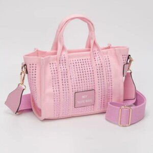 Light Pink Rhinestone Mini Tote Crossbody Bag | Sparkly Canvas Zip Purse NEW